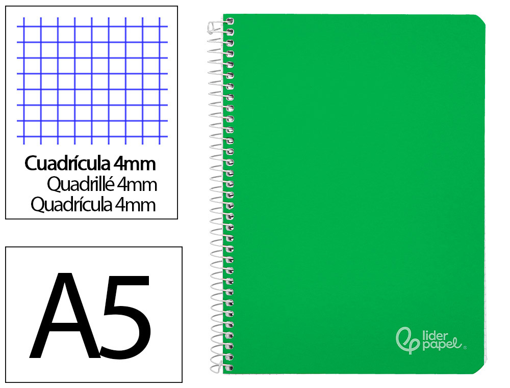 CUADERNO ESPIRAL LIDERPAPEL A5 WITTY TAPA DURA 80H 90GR CUADRO 4MM CON MARGEN COLOR VERDE
