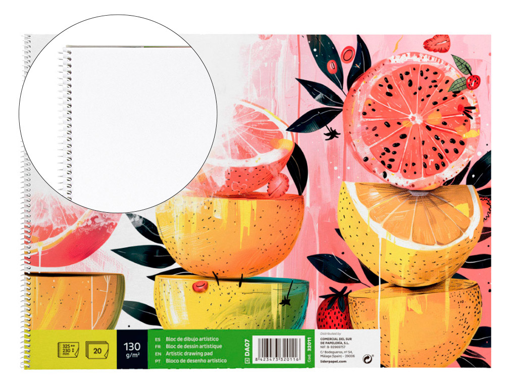 BLOC DIBUJO LIDERPAPEL ARTISTICO FRUTAL ESPIRAL 230X325 MM 20 HOJAS 130G/M2 SIN RECUADRO PERFORADO