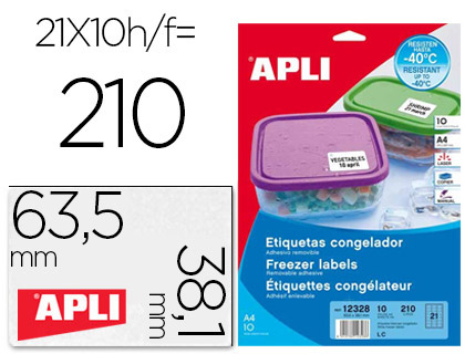 ETIQUETA ADHESIVA APLI 12328 TAMAO 63,5X38,1 MM PARA CONGELADOS CAJA CON 10 HOJAS A4 BLANCAS DIRECTIVA EUROPEA