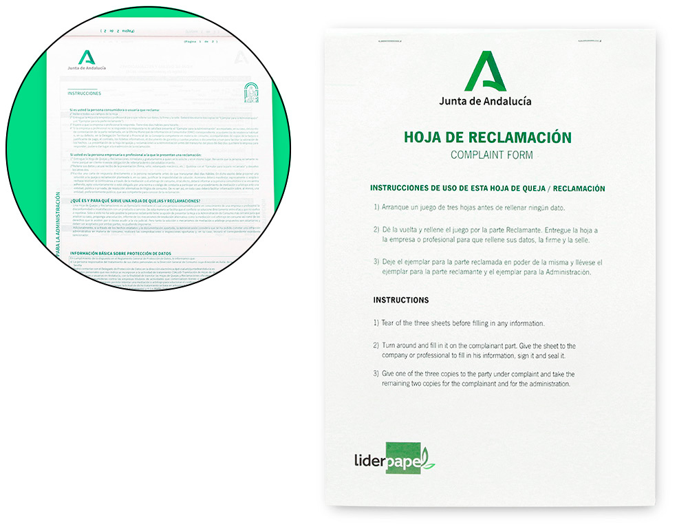 LIBRO LIDERPAPEL HOJAS DE RECLAMACIONES JUNTA DE ANDALUCIA DIN A4 24 JUEGOS ORIGINAL + 2 COPIAS