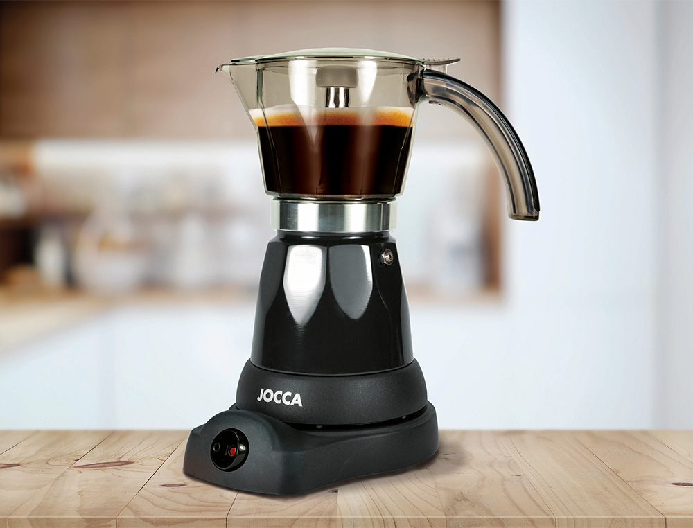 CAFETERA JOCCA ITALIANA ELECTRICA CAPACIDAD 6 TAZAS JARRA TRANSPARENTE SIN CABLES 220-240V COLOR NEGRO