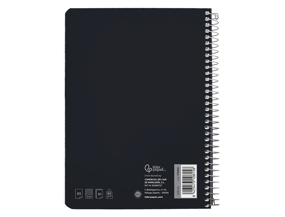 CUADERNO ESPIRAL LIDERPAPEL A5 WITTY TAPA DURA 80H 90GR CUADRO 4MM CON MARGEN COLOR NEGRO