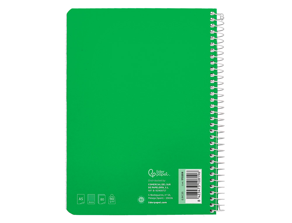 CUADERNO ESPIRAL LIDERPAPEL A5 WITTY TAPA DURA 80H 90GR CUADRO 4MM CON MARGEN COLOR VERDE