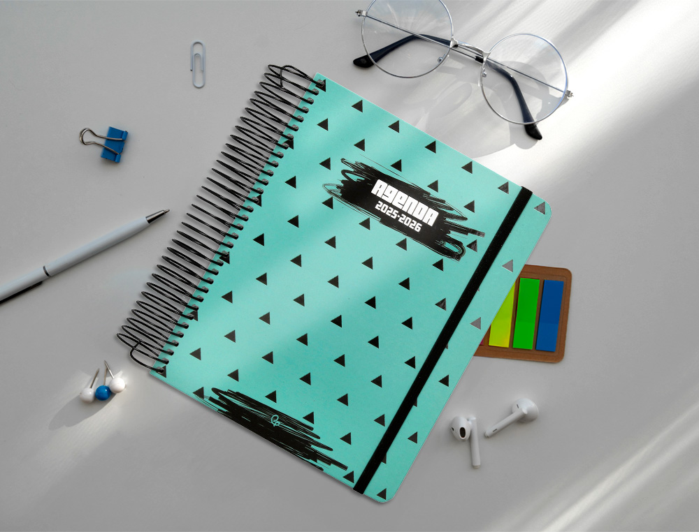 AGENDA ESCOLAR LIDERPAPEL 25-26 ESPIRAL PATTERNS TRIANGULOS DIA PAGINA A5 BILINGÜE PAPEL FSC 80 GR