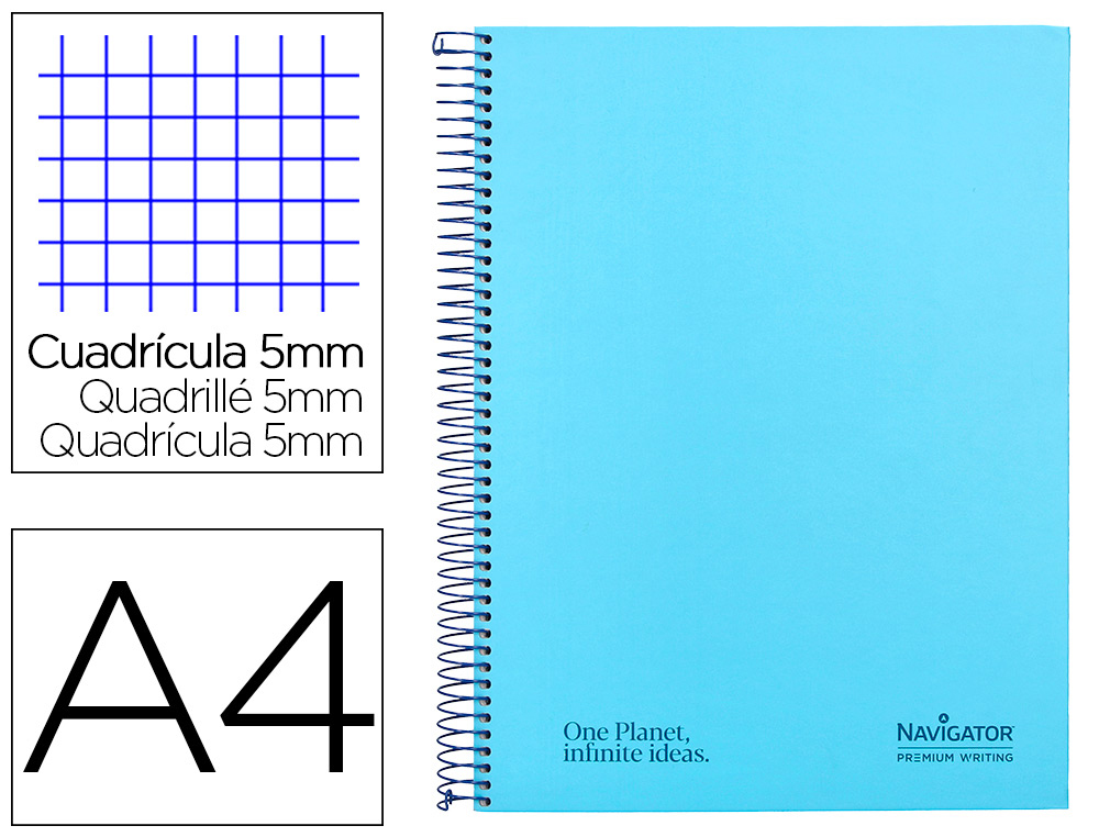 CUADERNO ESPIRAL NAVIGATOR A4 MICRO TAPA FORRADA 120H 80GR CUADRO 5MM 5 BANDAS 4 TALADROS COLOR CELESTE