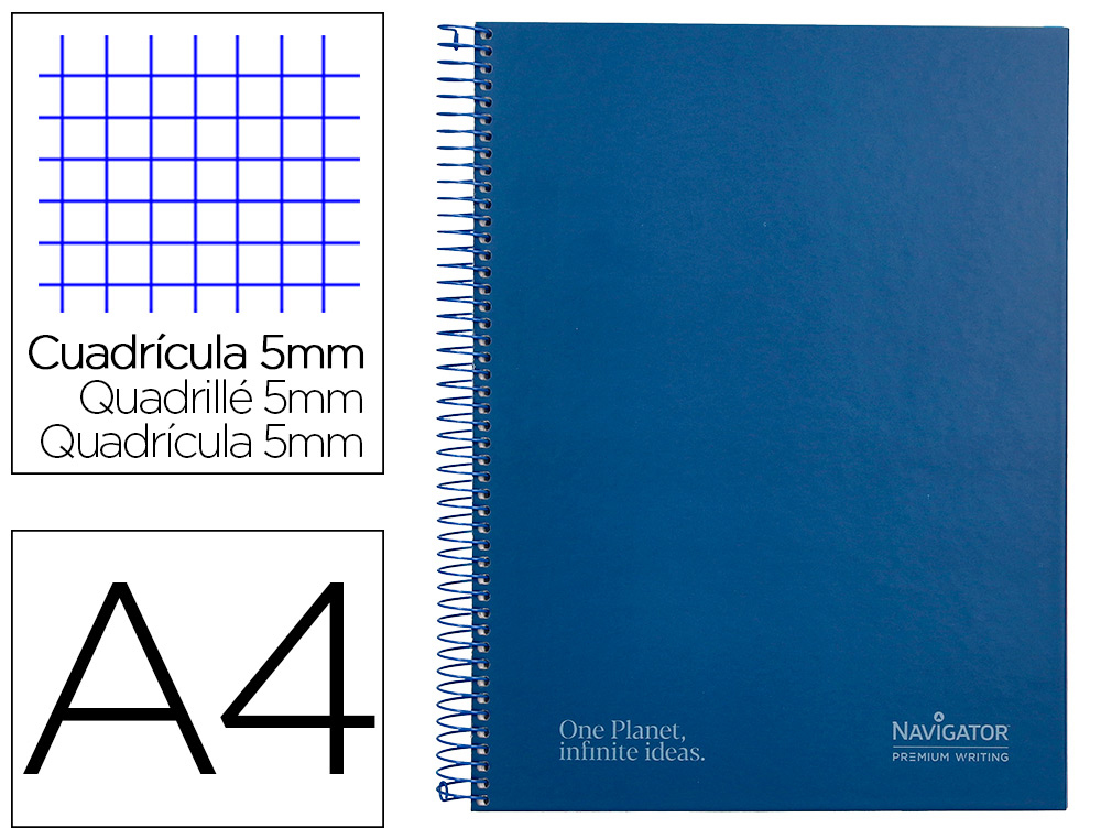 CUADERNO ESPIRAL NAVIGATOR A4 MICRO TAPA FORRADA 120H 80GR CUADRO 5MM 5 BANDAS 4 TALADROS COLOR AZUL MARINO