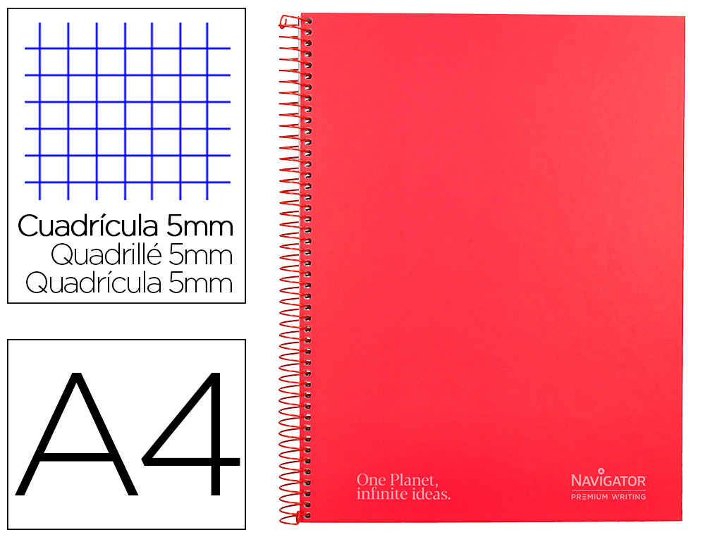 CUADERNO ESPIRAL NAVIGATOR A4 MICRO TAPA FORRADA 120H 80GR CUADRO 5MM 5 BANDAS 4 TALADROS COLOR ROJO