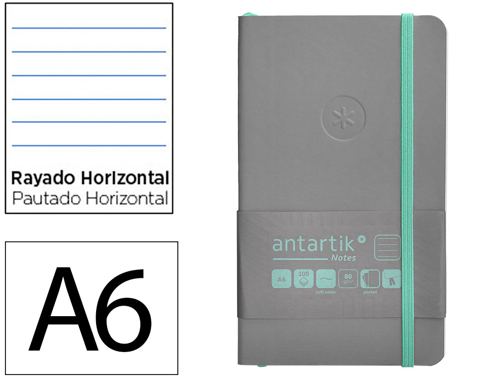 CUADERNO CON GOMILLA ANTARTIK NOTES TAPA BLANDA A6 RAYAS GRIS Y TURQUESA 100 HOJAS 80 GR FSC