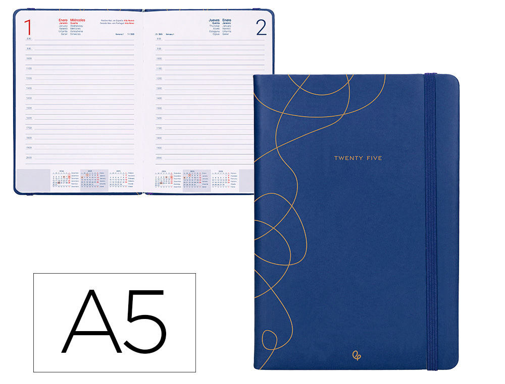 AGENDA ENCUADERNADA LIDERPAPEL EFIRA A5 2025 DIA PAGINA COLOR AZUL PAPEL 70 GR