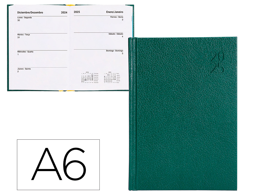 AGENDA ENCUADERNADA LIDERPAPEL CORFU A6 2025 DIA PAGINA COLOR VERDE PAPEL 60 GR