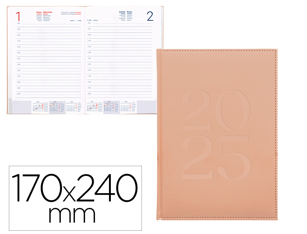 AGENDA ENCUADERNADA LIDERPAPEL CRETA 170X240 MM 2025 DIA PAGINA COLOR ROSA NUDE PAPEL 70 GR