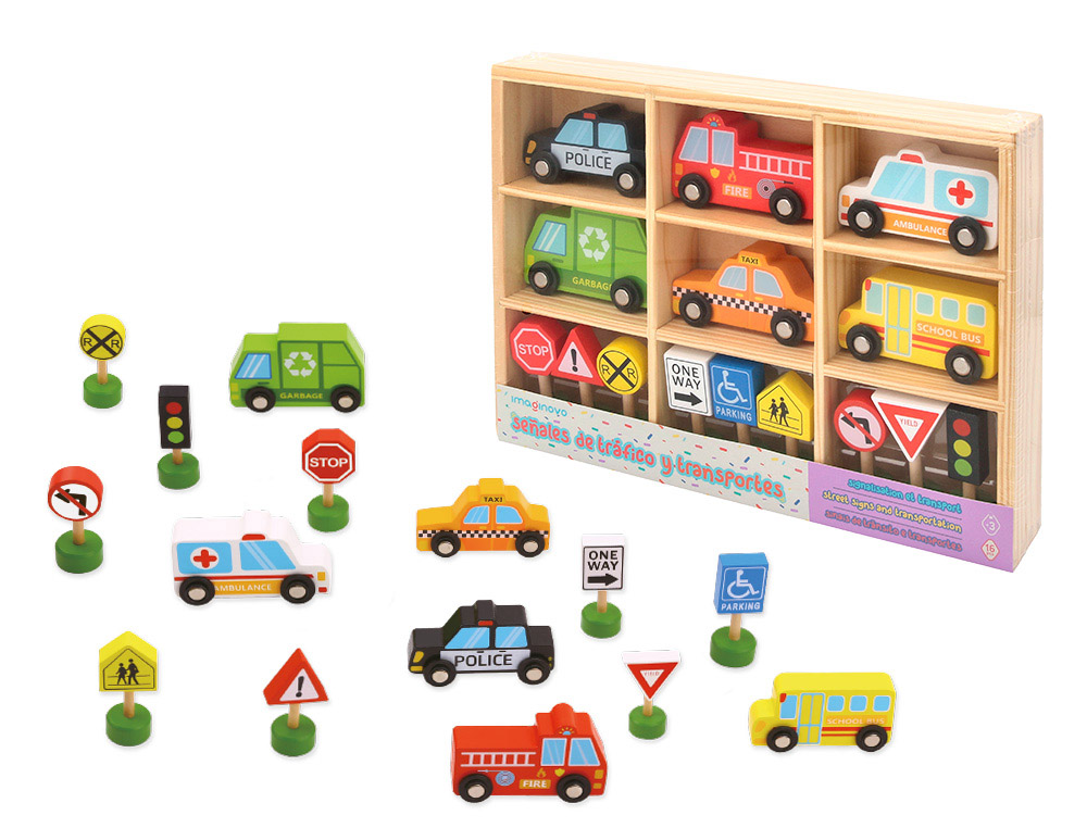 JUEGO INFANTIL IMAGINOVO MADERA VEHICULOS Y SEALES DE TRAFICO +3 AOS 16 PIEZAS 30X22X4CM