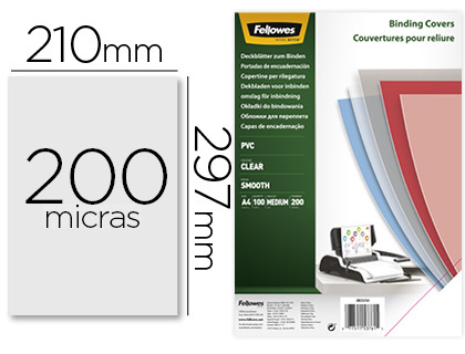 TAPA DE ENCUADERNACION FELLOWES DIN A4 PVC TRANSPARENTE CRISTAL 200 MICRAS PACK DE 100 UNIDADES