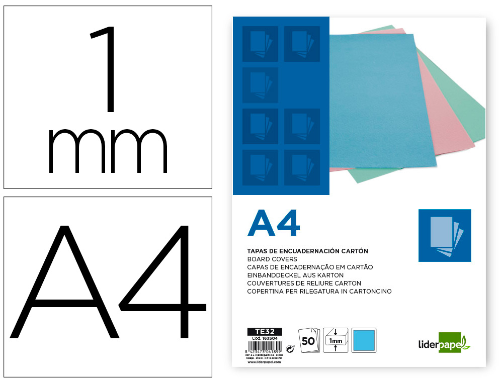 TAPA ENCUADERNACION LIDERPAPEL CARTON A4 1 MM CELESTE PAQUETE DE 50 UNIDADES