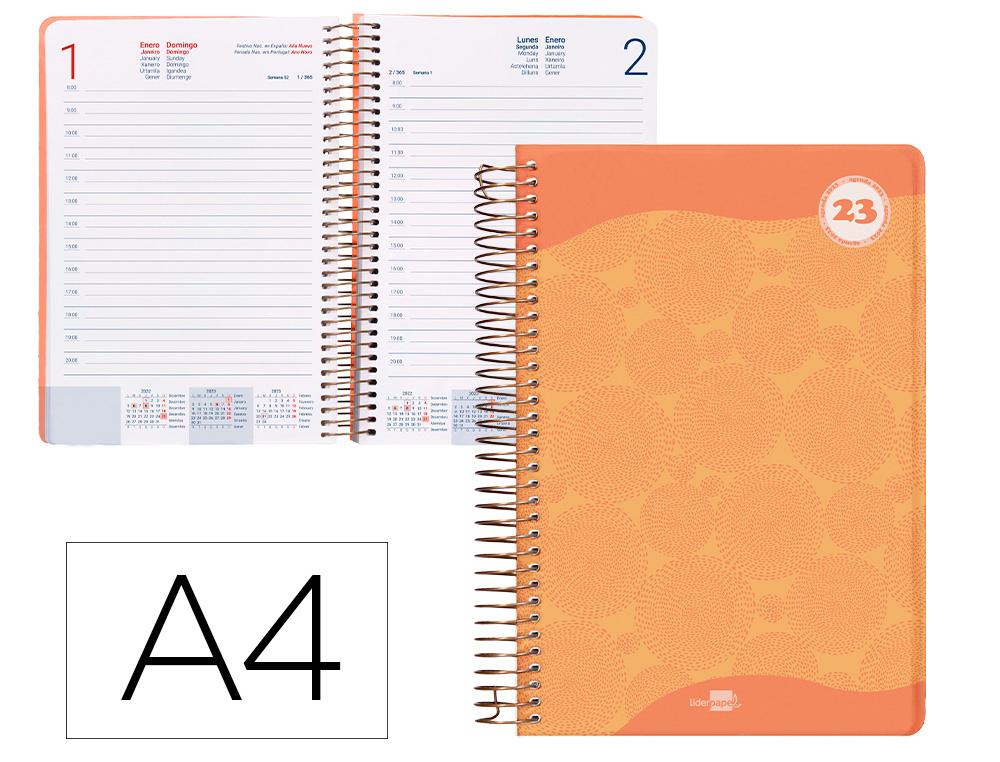 AGENDA ESPIRAL LIDERPAPEL CLASSIC A4 2023 DIA PAGINA PORTADA POLIPROPILENO PAPEL 70 GR COLOR NARANJA