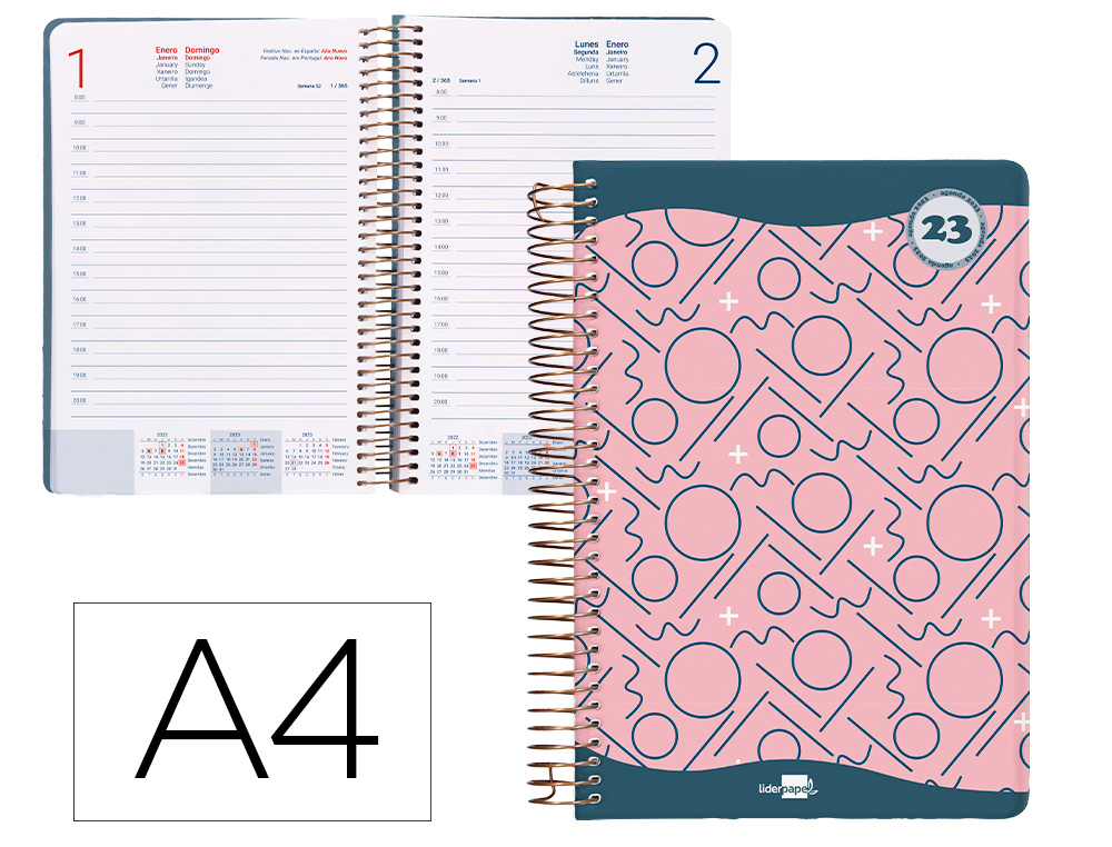 AGENDA ESPIRAL LIDERPAPEL CLASSIC A4 2023 DIA PAGINA PORTADA POLIPROPILENO PAPEL 70 GR COLOR ROSA