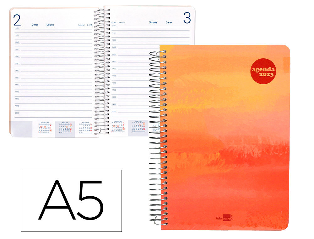 AGENDA ESPIRAL LIDERPAPEL SYROS 15X21 CM 2023 DIA PAGINA SIMPLE ESPIRAL COLOR FUEGO AIRE PAPEL 60GR