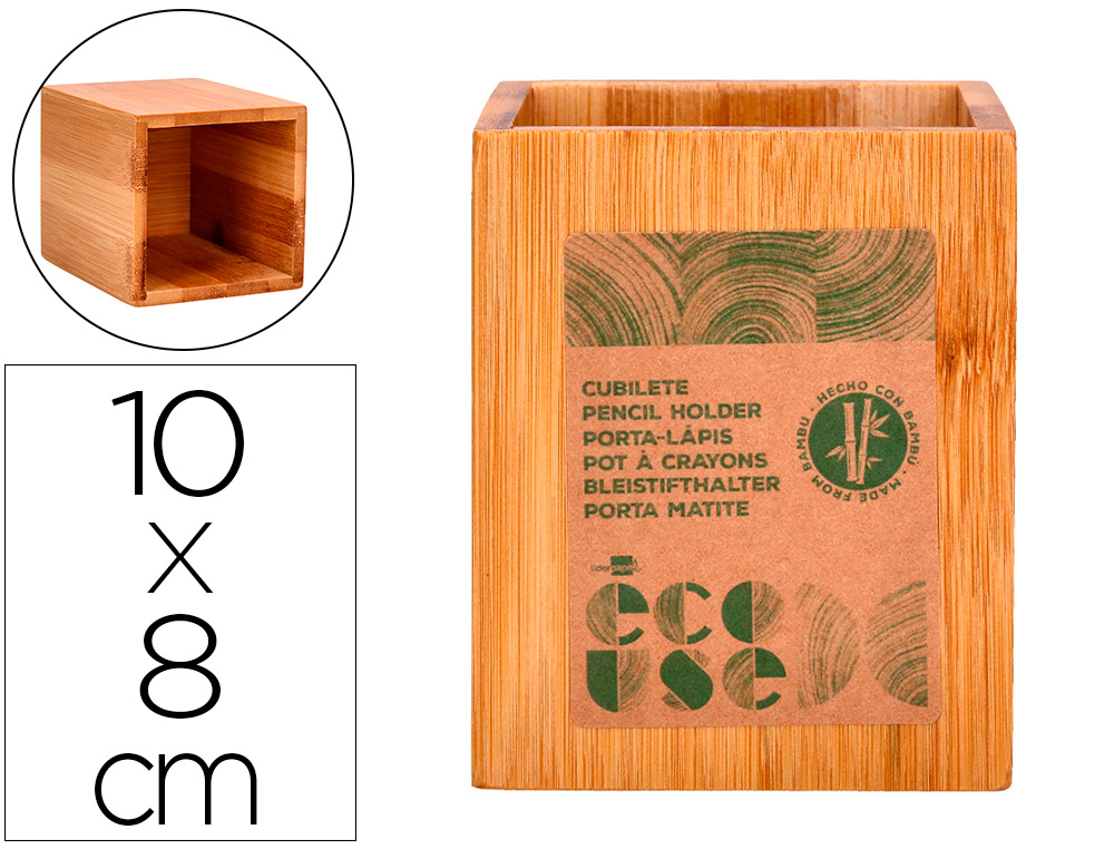 CUBILETE PORTALAPICES LIDERPAPEL BAMBU 100% NATURAL ECOUSE CUADRADO 80X80X100 MM