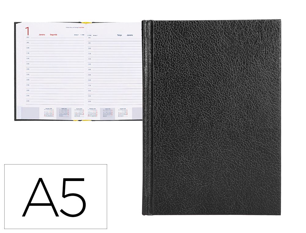 AGENDA ENCUADERNADA LIDERPAPEL CORFU 15X21 CM 2024 DIA PAGINA COLOR NEGRO PAPEL 60 GR IDIOMA PORTUGUES
