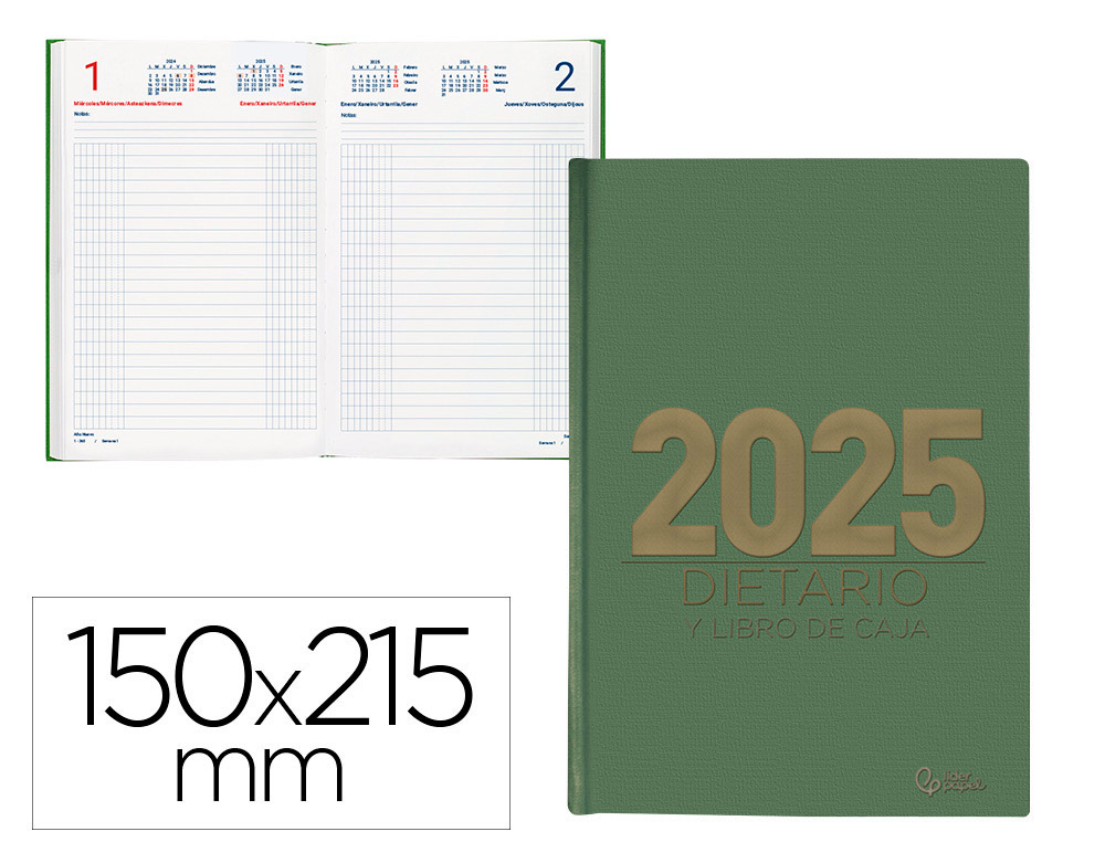 DIETARIO LIDERPAPEL 2025 CUARTO 15X21,5 CM COLOR VERDE PAPEL 70 GR