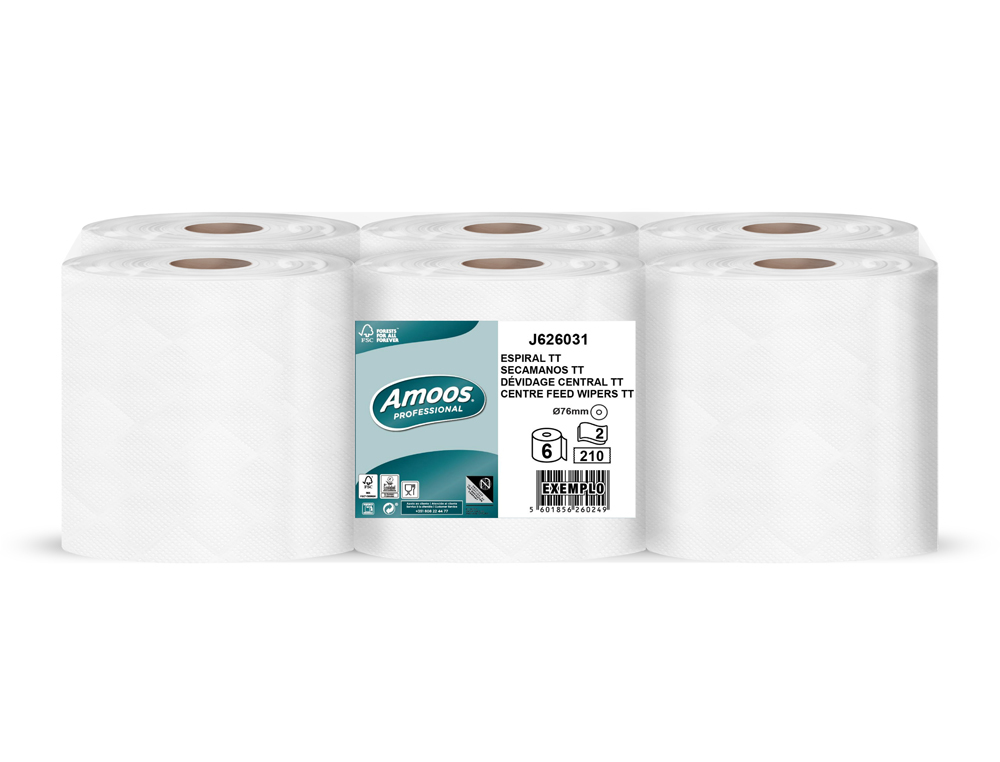 PAPEL SECAMANOS AMOOS INDUSTRIAL 2 CAPAS 32G/M2 CELULOSA BLANCO 60 MT PAQUETE DE 6 BOBINAS