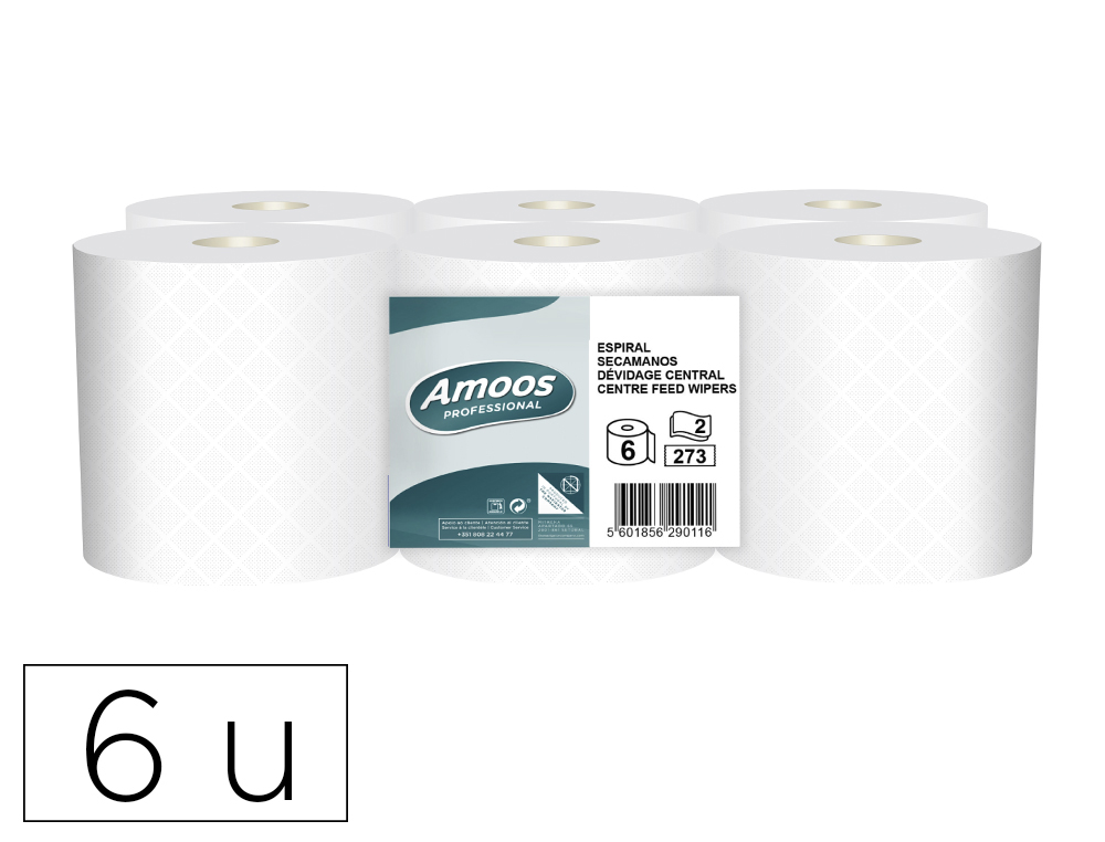 PAPEL SECAMANOS AMOOS INDUSTRIAL 2 CAPAS 32G/M2 BLANCO 90 MT PAQUETE DE 6 ROLLOS