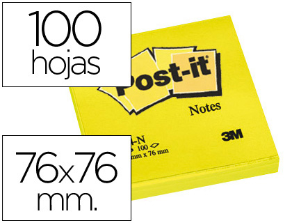 BLOC DE NOTAS ADHESIVAS QUITA Y PON POST-IT 76X76 MM AMARILLO NEON CON 100 HOJAS