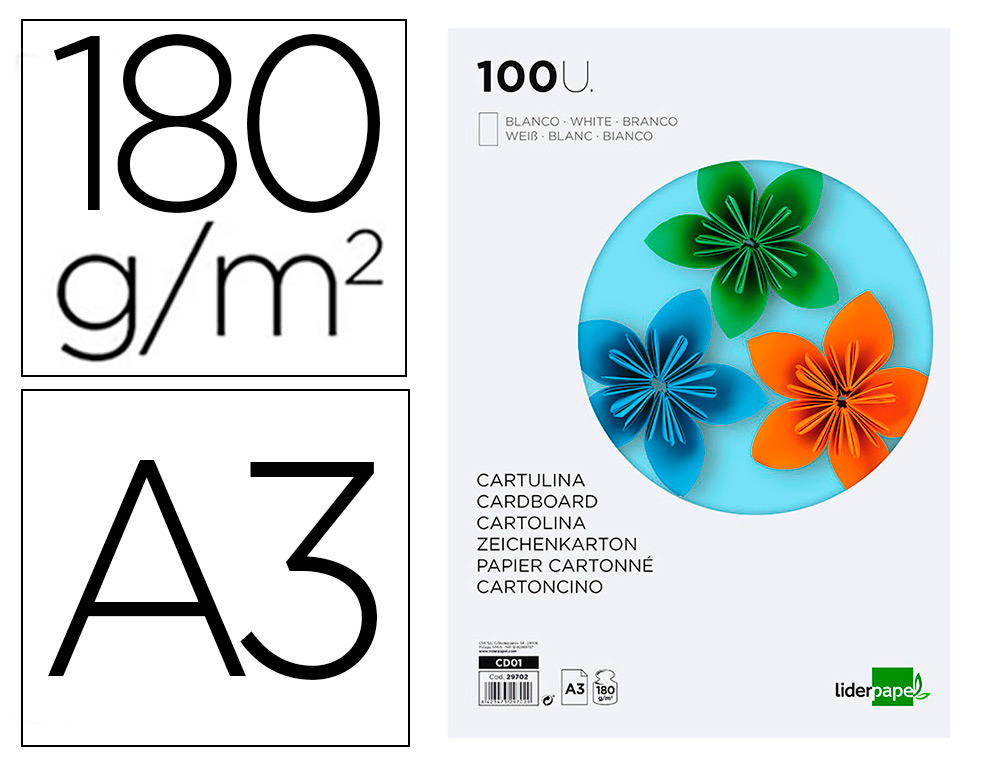 CARTULINA LIDERPAPEL A3 180G/M2 BLANCO PAQUETE DE 100 HOJAS