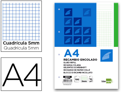 BLOC ENCOLADO LIDERPAPEL CUADRO 5MM VERDE A4 NATURAL 100 HOJAS 70 G/M2