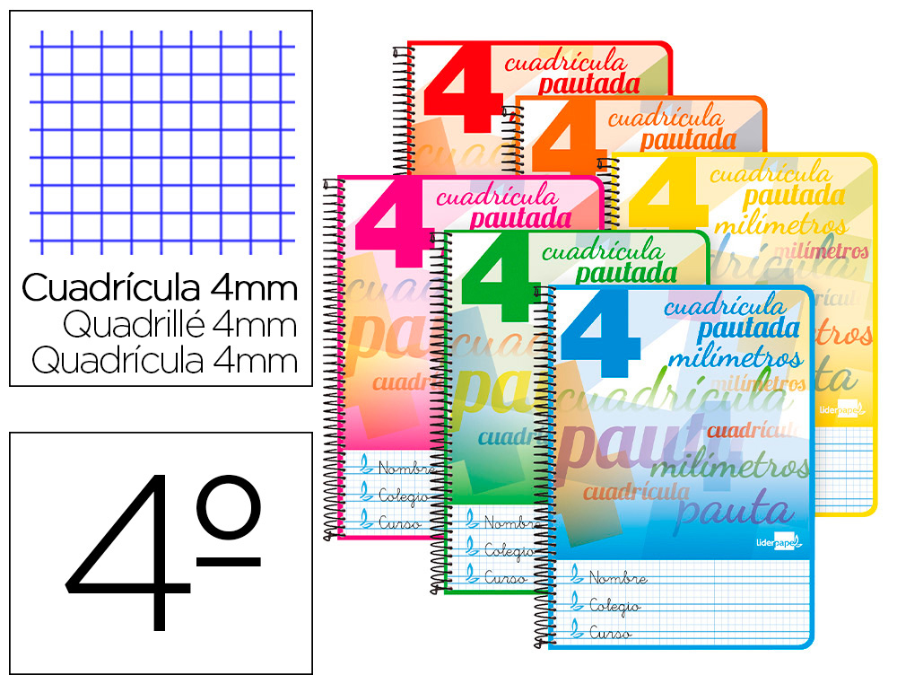 CUADERNO ESPIRAL LIDERPAPEL CUARTO PAUTAGUIA TAPA BLANDA 40H 75 GR CUADRO PAUTADO 4MM COLORES SURTIDOS