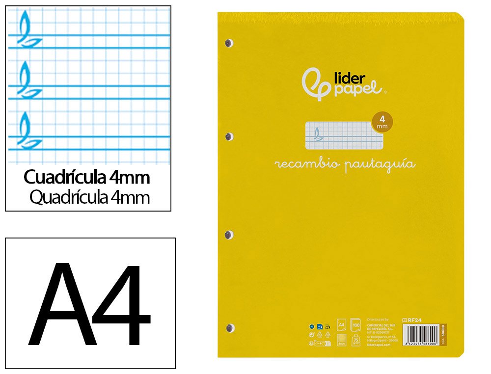 RECAMBIO LIDERPAPEL A4 PAUTAGUIA 100 HOJAS 75 G CUADRICULADO PAUTADO 4 MM CON MARGEN 4 TALADROS