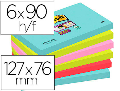 BLOC DE NOTAS ADHESIVAS QUITA Y PON POST-IT SUPER STICKY 76X127 MM CON 90 HOJAS PACK DE 6 UNIDADES COLORES MIAMI