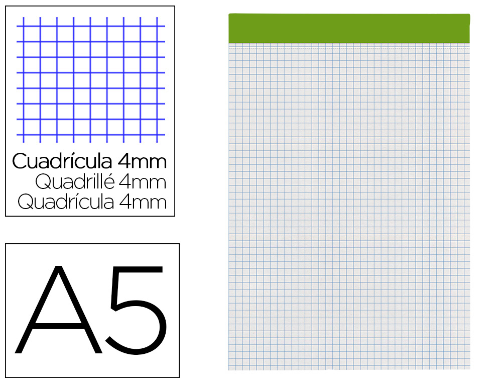 BLOC NOTAS LIDERPAPEL CUADRO 4 MM A5 80 HOJAS 60 G/M2 PERFORADO SIN TAPA