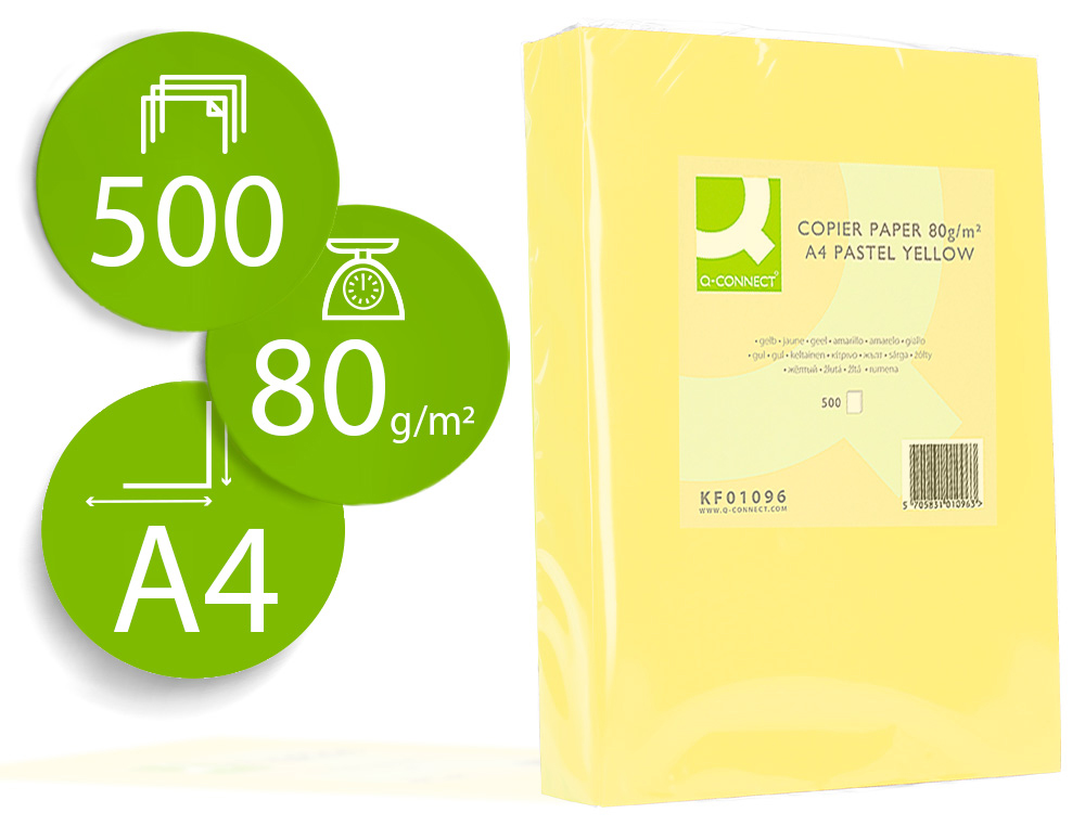 PAPEL COLOR Q-CONNECT DIN A4 80GR AMARILLO PAQUETE DE 500 HOJAS