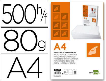 PAPEL LIDERPAPEL A4 80G/M2 LISO MICROPERFORADO EN TRES PARTES IGUALES PAQUETE DE 500 HOJAS