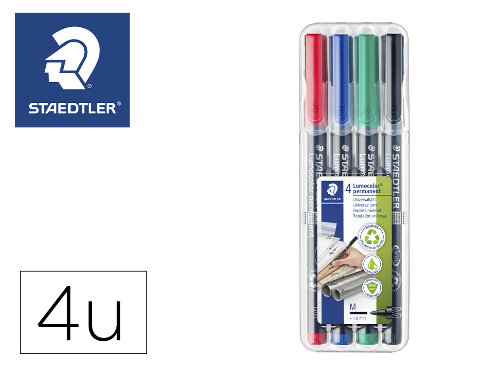 ROTULADOR STAEDTLER LUMOCOLOR RETROPROYECCION PUNTA DE FIBRA PERMANENTE 317 WP ESTUCHE 4 COLORES PUNTA MEDIA